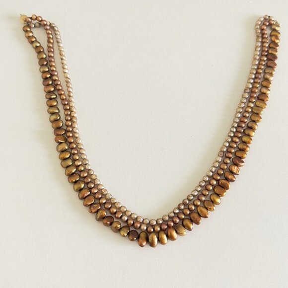Vintage 14K Yellow Gold Triple Strand Genuine Brown Pearl Round Baroque Necklace - Picture 7 of 10